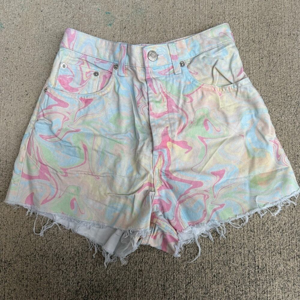 Zara Denim Shorts Womens 24 Pink Button Fly High Waist Pastel Swirl Raw Hem